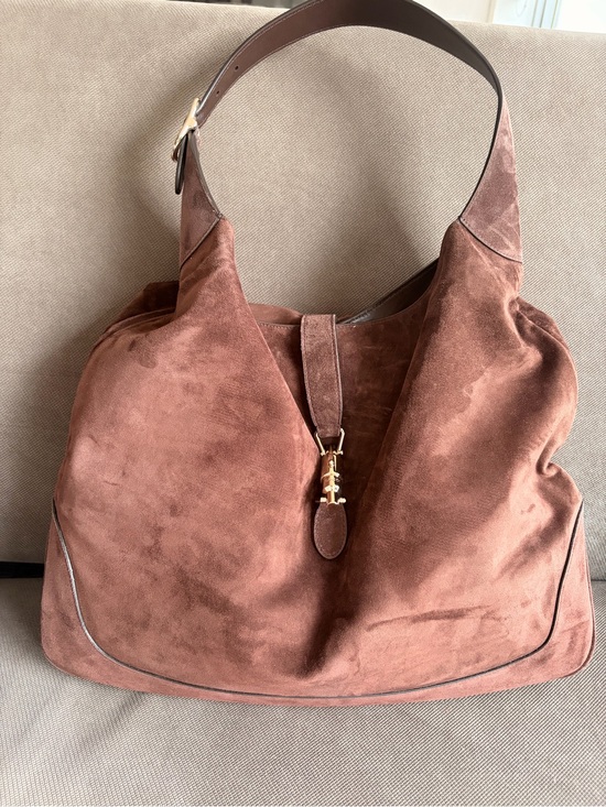 Gucci Handbags - Gucci Jackie Giorno Brown Suede Shoulder Bag with Gold Hardware